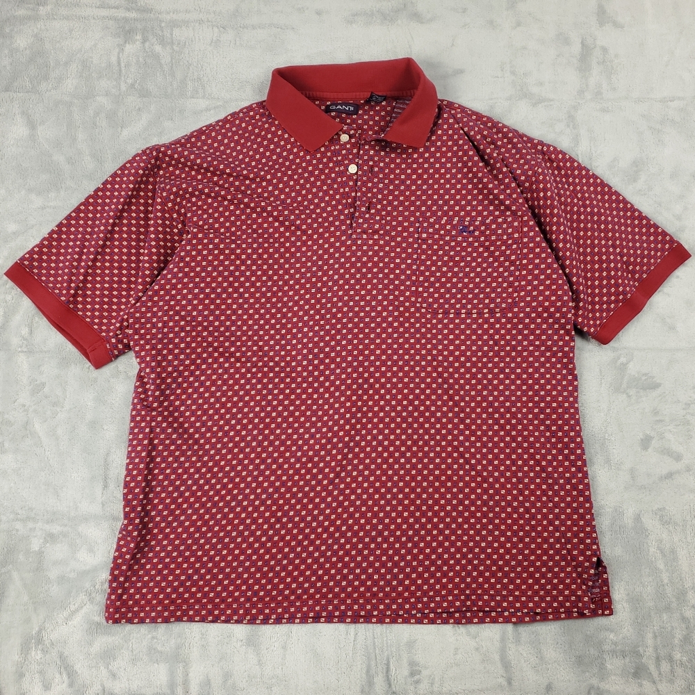 Vintage Gant Golf Polo Shirt Mens Large Geometric Pattern Retro 90s Golfer Red